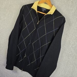 Brooks Brothers "346" Zip Up Argyle Sweater Navy 100% Merino Wool Sz L